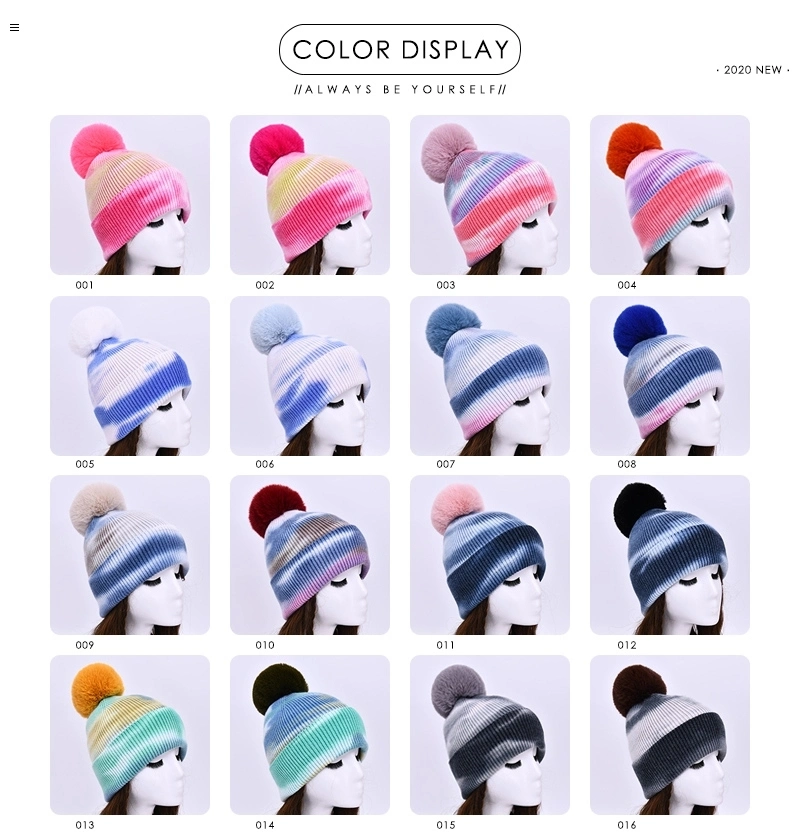 Knit Hat Women Winter Tie-Dye Cashmere Angora Knitted Fur Beanie Hats