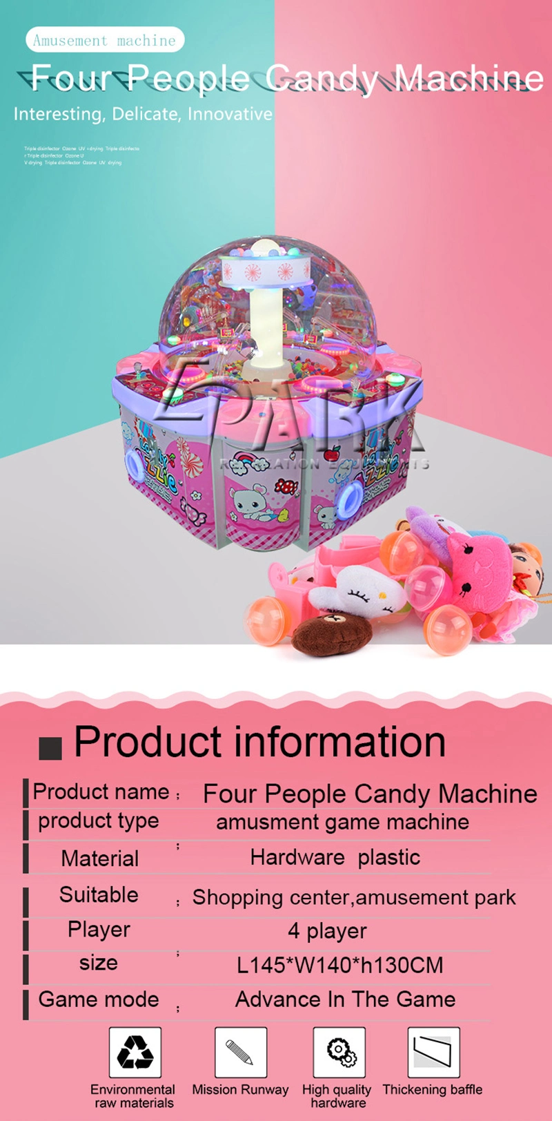 Sweet Design Four People Redemption Game Machine / Candy Crane Machine