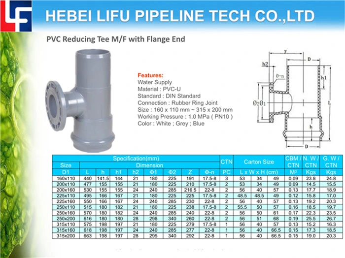 High Quality 1.0MPa Rubber Ring Joint Water Supply DIN Standard Plastic Pipe Fitting PVC Plumbing Pipe and Fittings UPVC Pressure Pipe Fitting Pn10