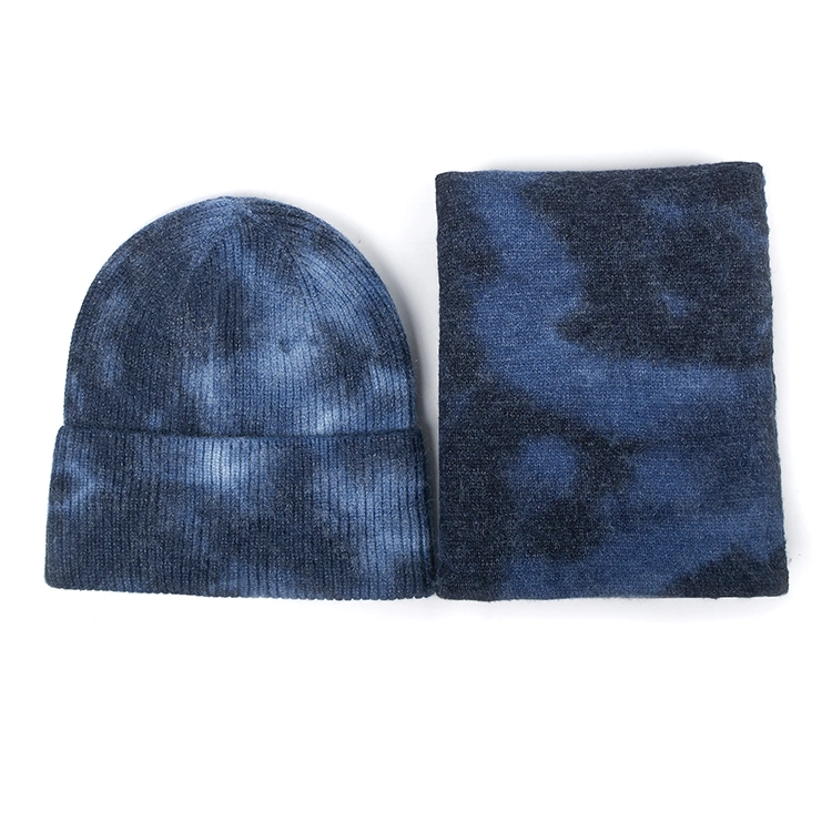 2020 Warm Soft Tie Dye Hats Beanies Women Winter Scarf Knitted Tie Dye Beanies Scarf Set