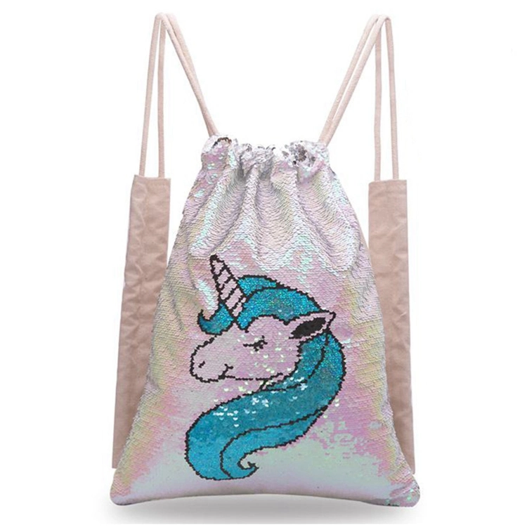 Wholesale Fashion Cotton Drawstring Bag for Girls Sequins Kids Backpack Unicorn Drawstring Backpack