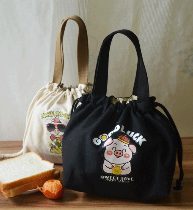 Drawstring Portable Cotton Cute Cartoon Printed Canvas Hand Carry Lunch Bag