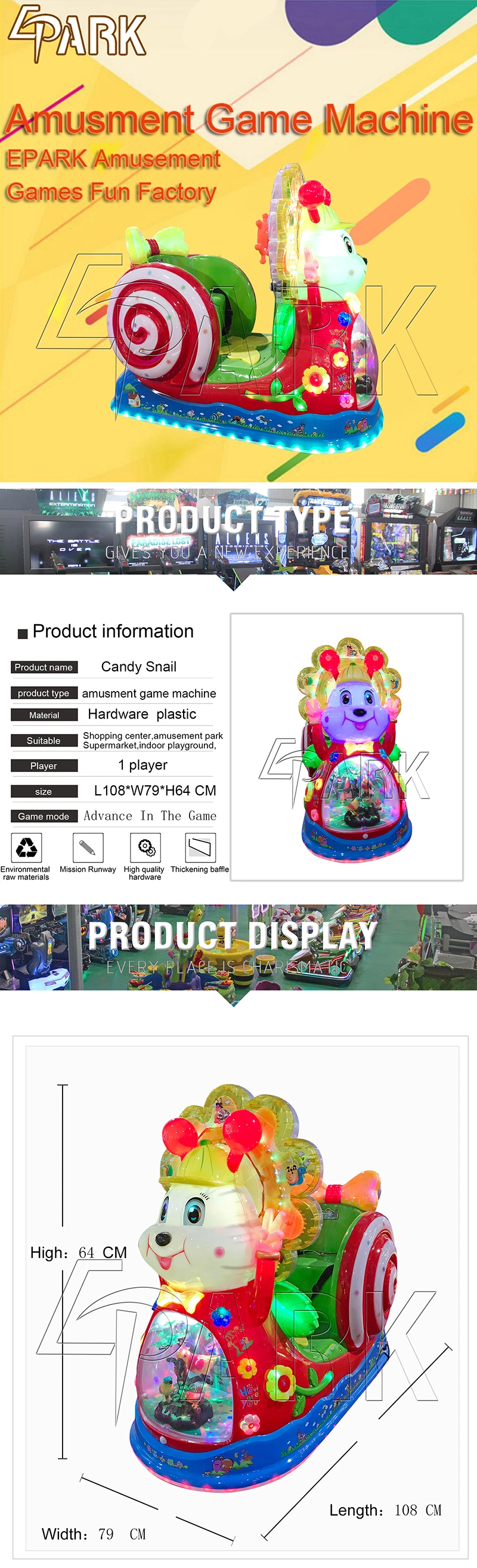 Factory Directly Sell Candy Snail Design Kiddie Ride on Toy Swing Car Game Machine