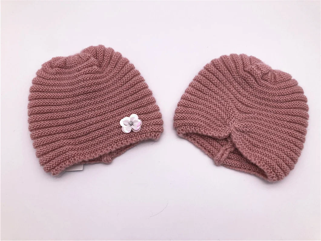 Baby Kid Cap Sequins Flower Knitted Crochet Pink Beanie Hat