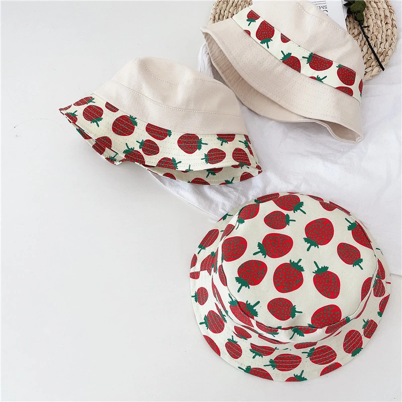 Children's Bucket Hat with Strawberry Print and Big Edge Fisherman Hat