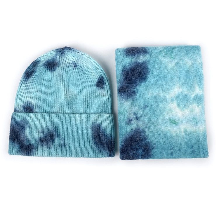 2020 Warm Soft Tie Dye Hats Beanies Women Winter Scarf Knitted Tie Dye Beanies Scarf Set