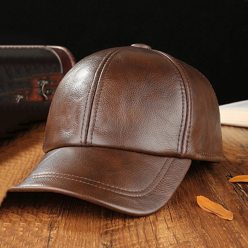 Wholesale Custom 6 Panel Black Adjustable Vintage Genuine Leather Baseball Cap