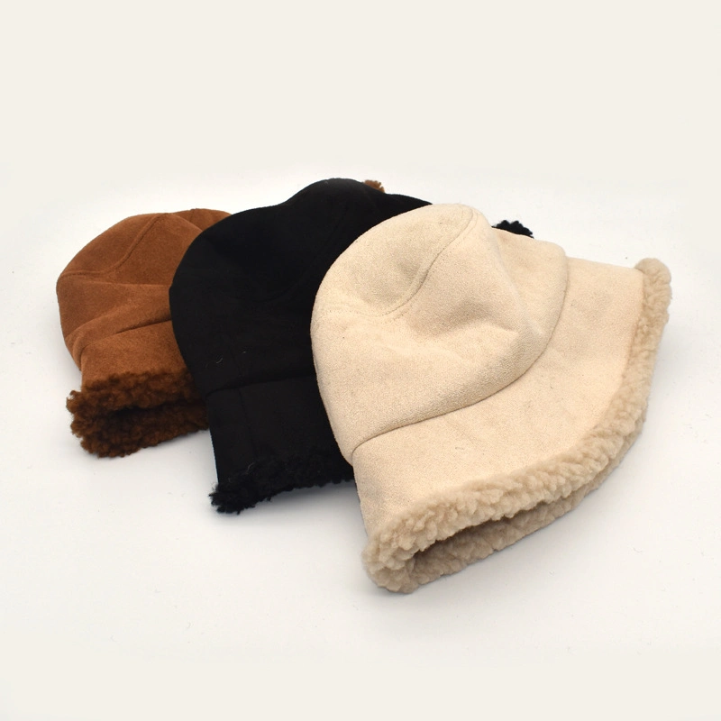 Suede Chunky Traditional Plaid Plush Wool Fur Soft Thicken Warm Winter Bucket Hat Cap