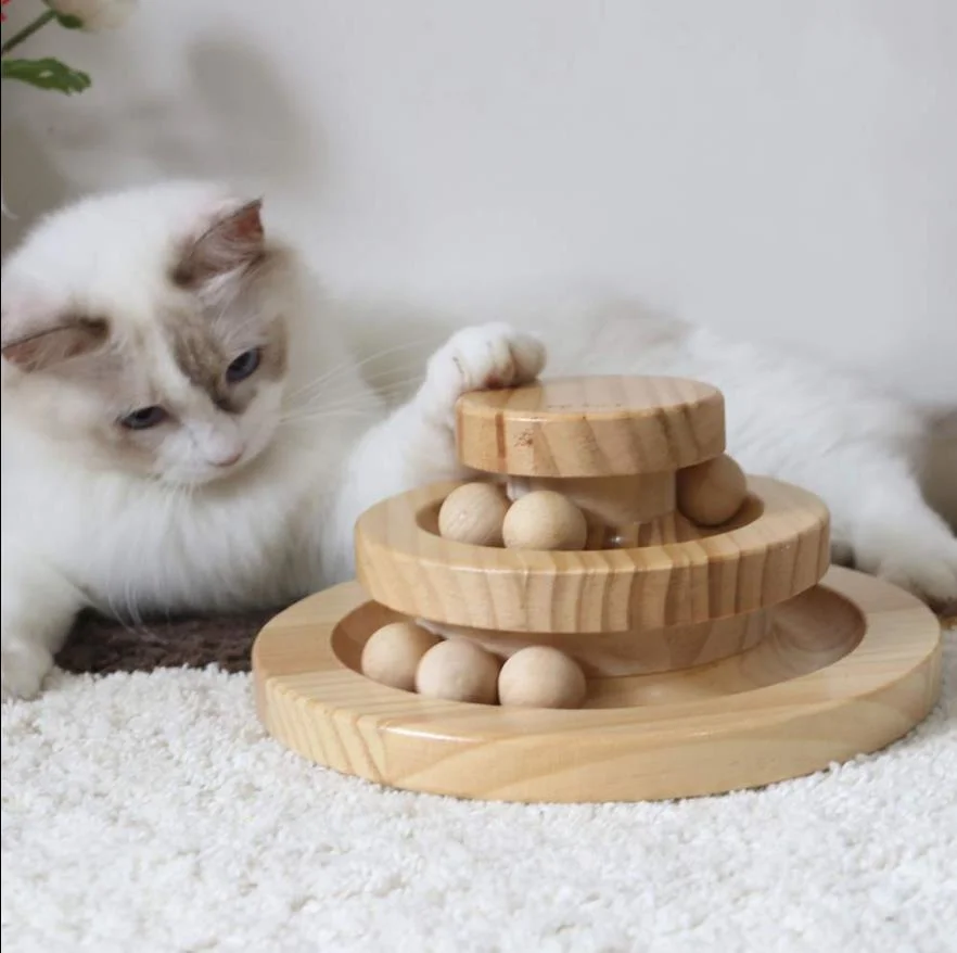 Funny Roller Cat Toy-Double Layer Wooden Track Balls Turntable for Kitty Cat