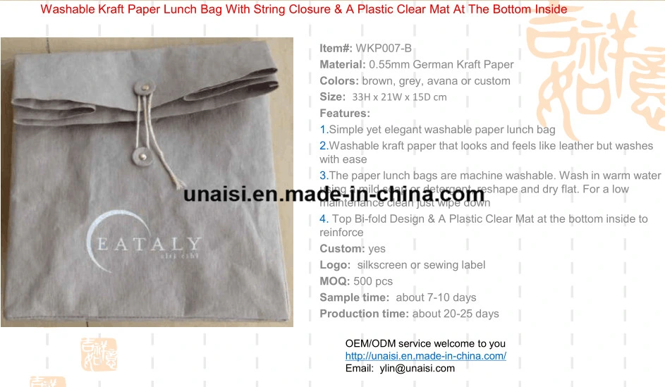 Eco-Friendly Washable Kraft Paper Insulated Tote Picnic Bag Lunch Pack