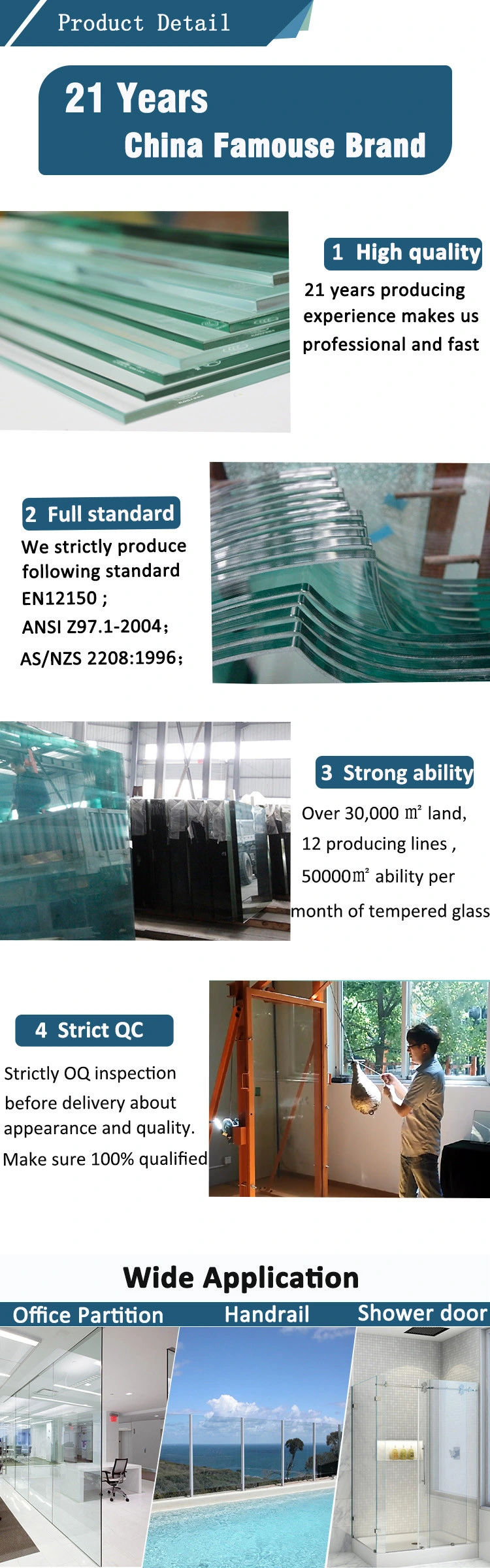 Flat/Curved Tempered/Toughened Glass for Shower Doors