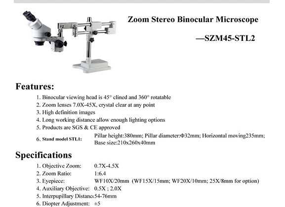 Zoom Binocular Stereo Microscope 7X-45X Szm45-Stl2