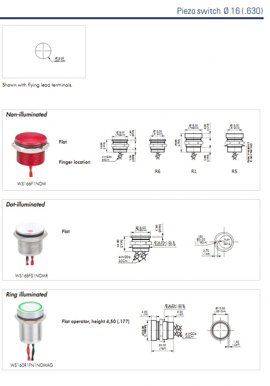 Ws163f1nom IP68 16mm Green Anodized Flat Operator Flyingleads 200mA 24VAC/DC Normally Open Momentary Piezo Switch