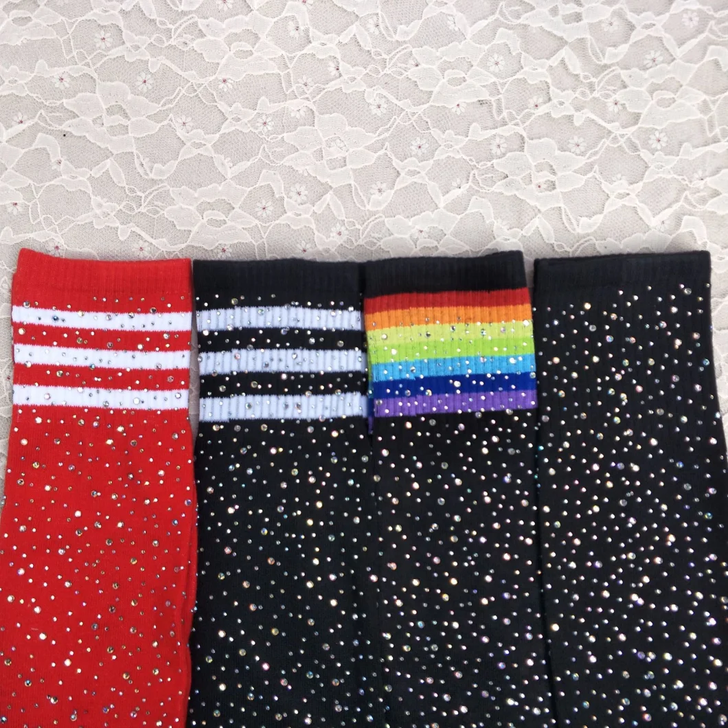 Glitter Over Knee Long Sock Sexy Shine Sparkle Custom Logo Colorful Three Stripes Thigh High Socks with Diamonds