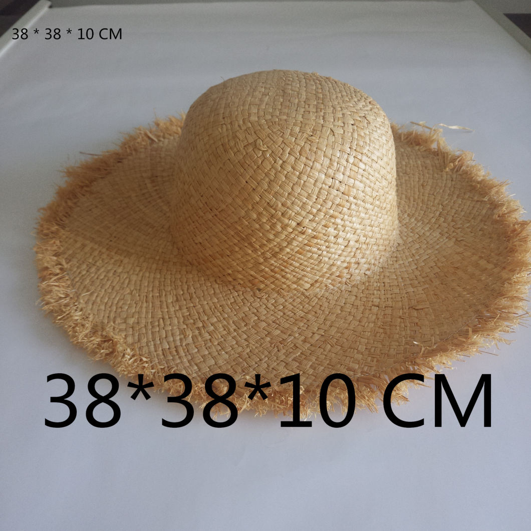 Female Wide Brim Foldable Beach Sun Summer Raffia Straw Hat with Fray Brim