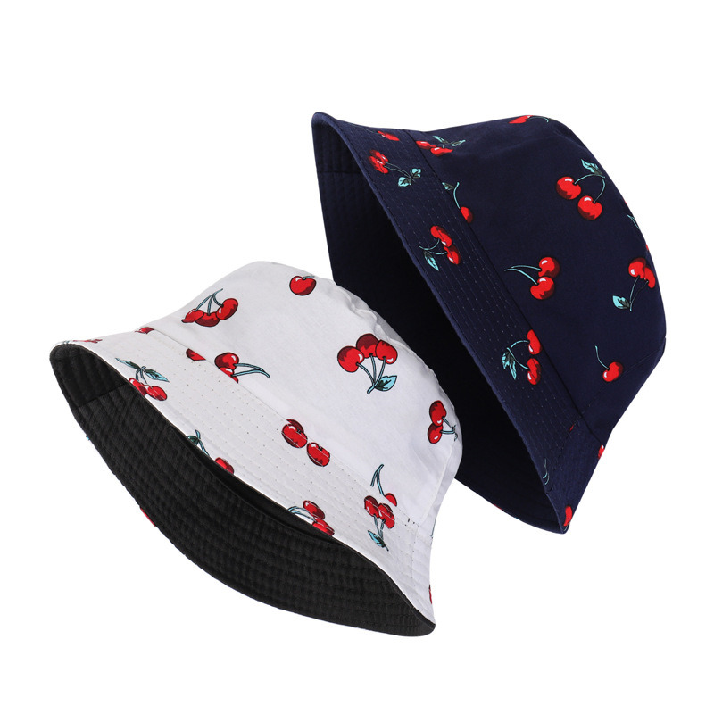 Ins Spring and Summer Fisherman Hat Cotton Breathable Hat Cherry Print Double-Sided Basin Hat