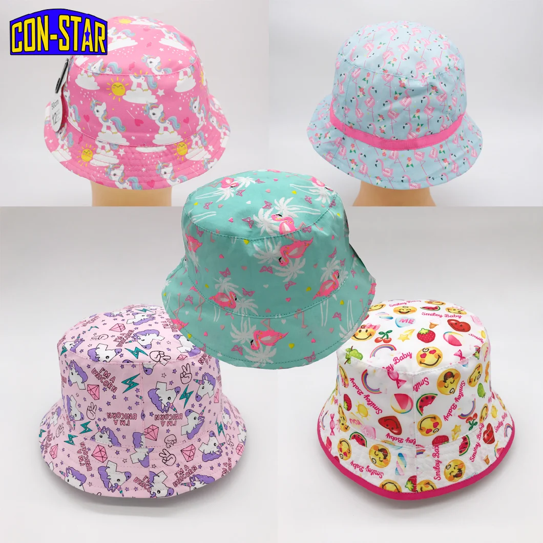 Cotton Poplin Fluorescent Pink Full Printing Summer Hat Baby Girl Bucket Hat