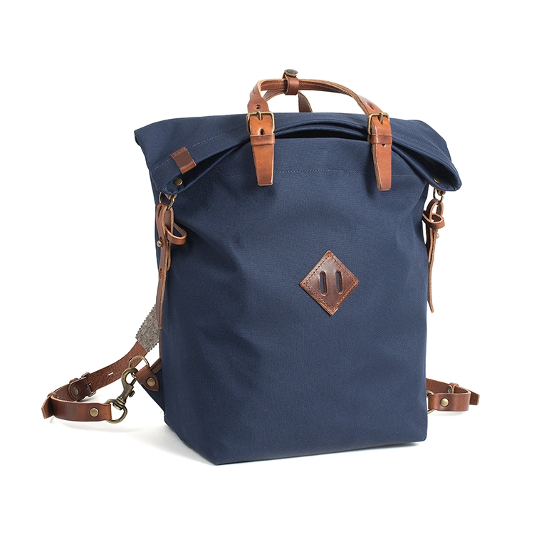 Good Quality Durable Real Leather Navy Blue Canvas Bag Sport Rucksack Backpack for Men