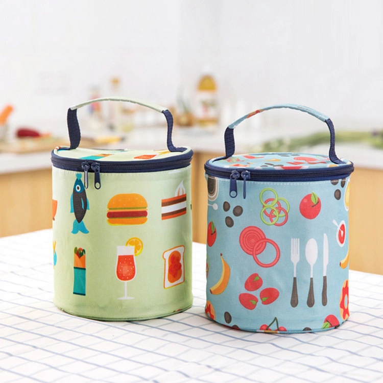 Polyester Full Printed Patterns Reusable Lunch Bag Round Meal Aluminium Foil Zipper Cooler Bag