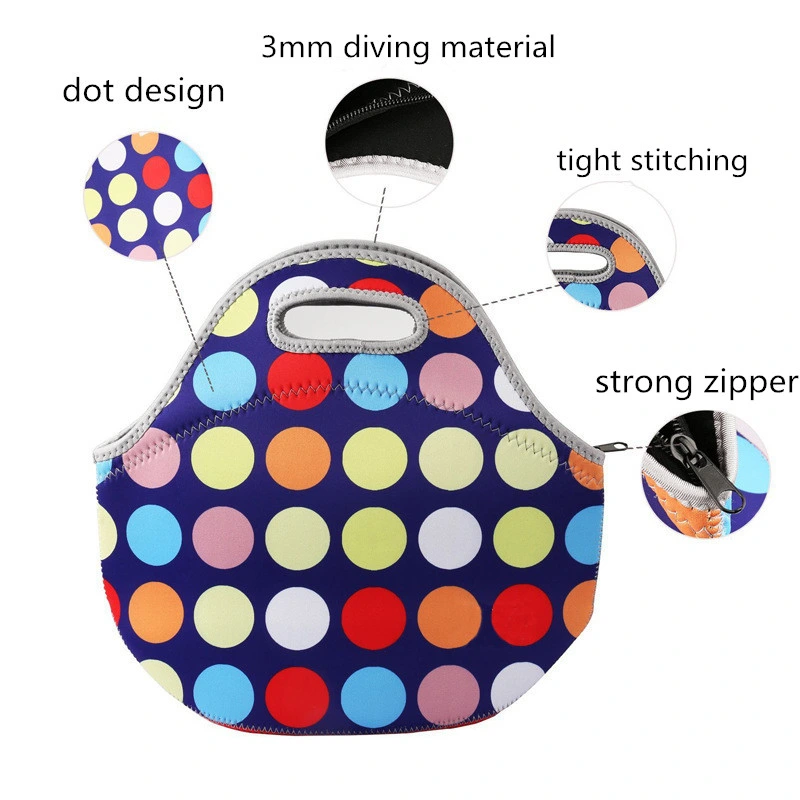 2020 Fashion DOT Design Zipper Reusable Tote Neoprene Lunch Bags For Women