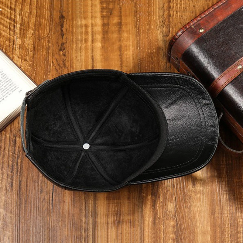 Wholesale Custom 6 Panel Black Adjustable Vintage Genuine Leather Baseball Cap