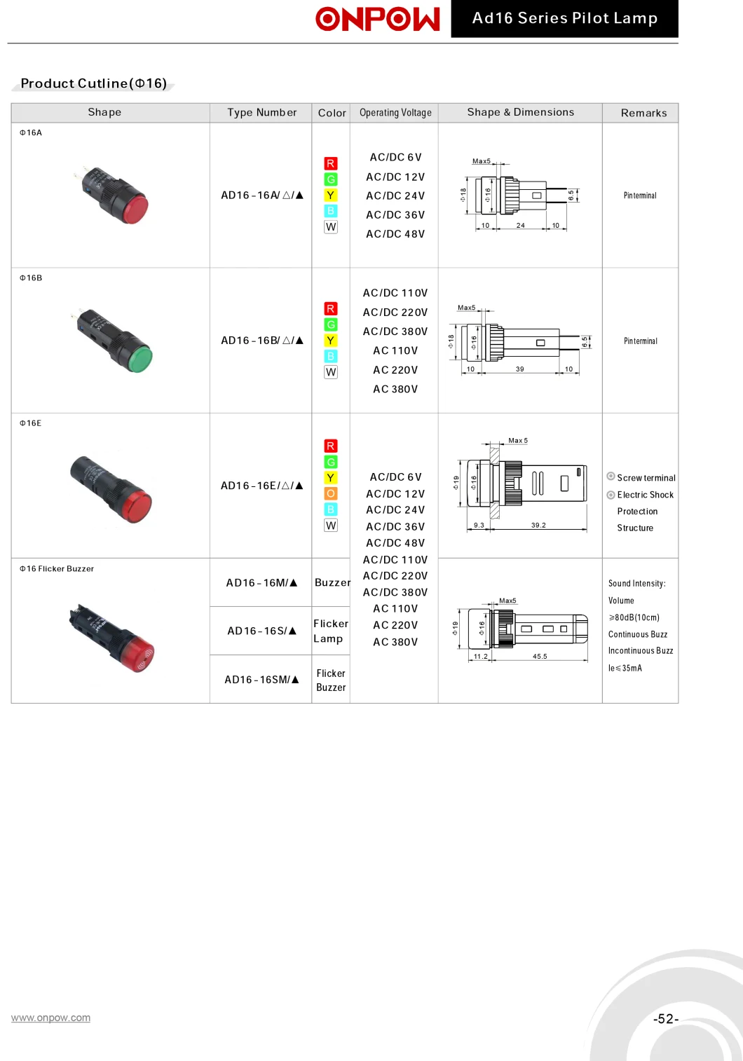 Onpow 16mm Type E of Signal Lamp (AD16-16E/R/12V, 16mm) CCC, CE