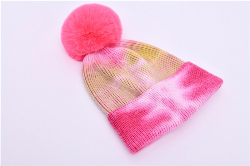 Plain Fake Fur POM POM Ski Tie Dye Knit Hat Women Winter Tie-Dye Cashmere Angora Knitted Fur Beanie Hats