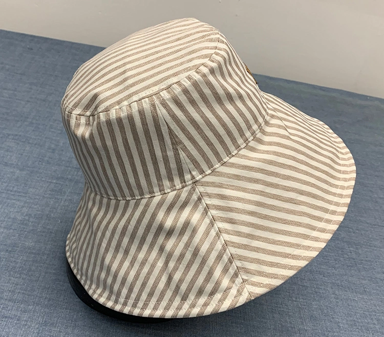 Customized Fashion Quality Stripe Linen Cotton Reversible Bucket Hat with Embroidery