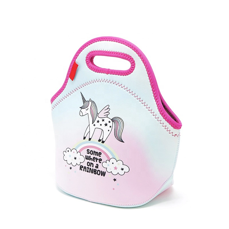 Custom Cute Cartoon Insulated Cooler Lunch Bag, Wholesale Unicorn Printed Neoprene Lunch Bag for Kids