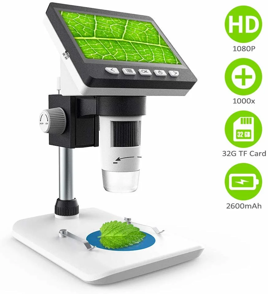 LCD Digital Microscope, 4.3 Inch 1080P Full HD 1000X Microscope Camera with 32g TF Card Compound 2600mAh Rechargeable Battery, 8 Adjustable LED Light Video Came