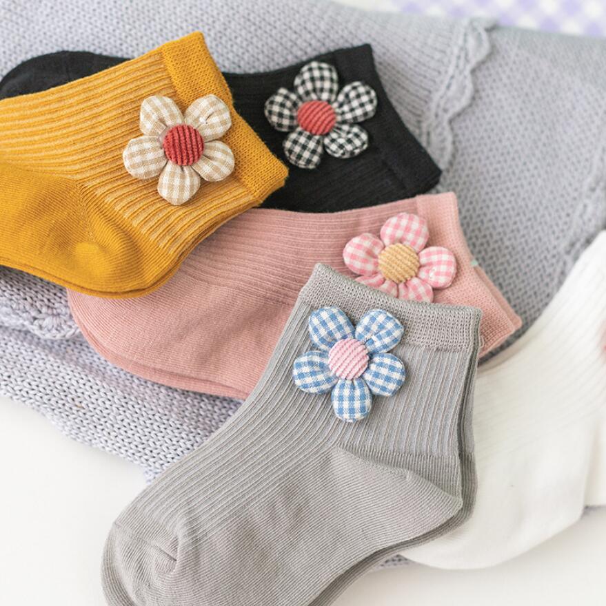 Wholesales Custom Design Ankle Kids Socks Girls Solid Color 3D Flower Cotton Socks