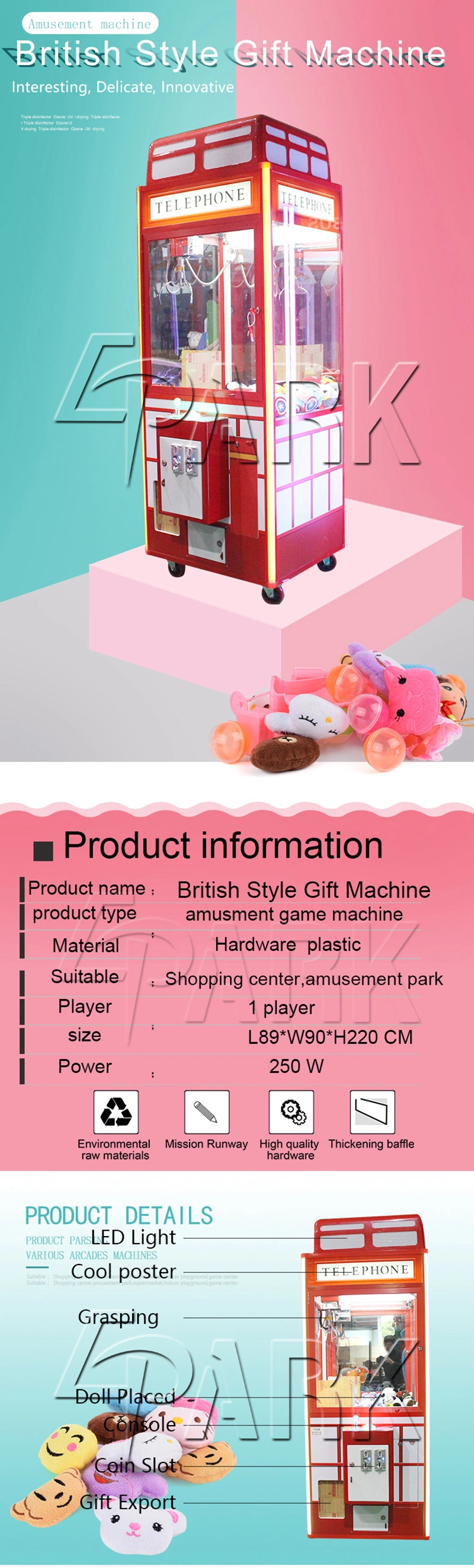Coin Pusher Attractive Design Kids Claw Crane Toy Machine for Game Center