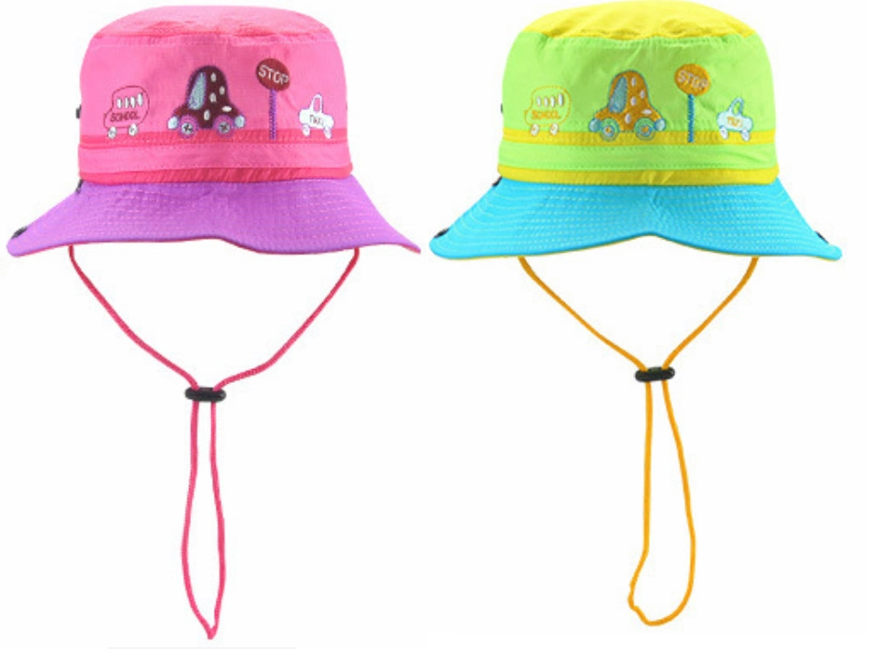 Fashion Soft Light Sports Kids Children Cute Embroidery Strap String Bucket Sun Hat Cap