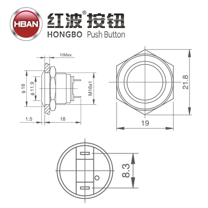 16mm Flat Head Pin Terminal 1no Momentary Metal Push Button Switch