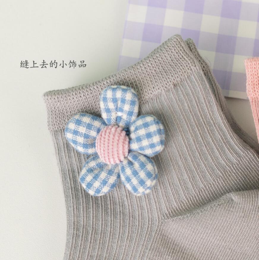 Wholesales Custom Design Ankle Kids Socks Girls Solid Color 3D Flower Cotton Socks