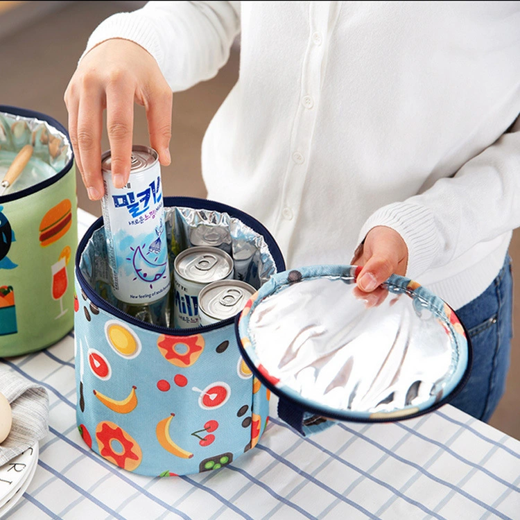 Polyester Full Printed Patterns Reusable Lunch Bag Round Meal Aluminium Foil Zipper Cooler Bag