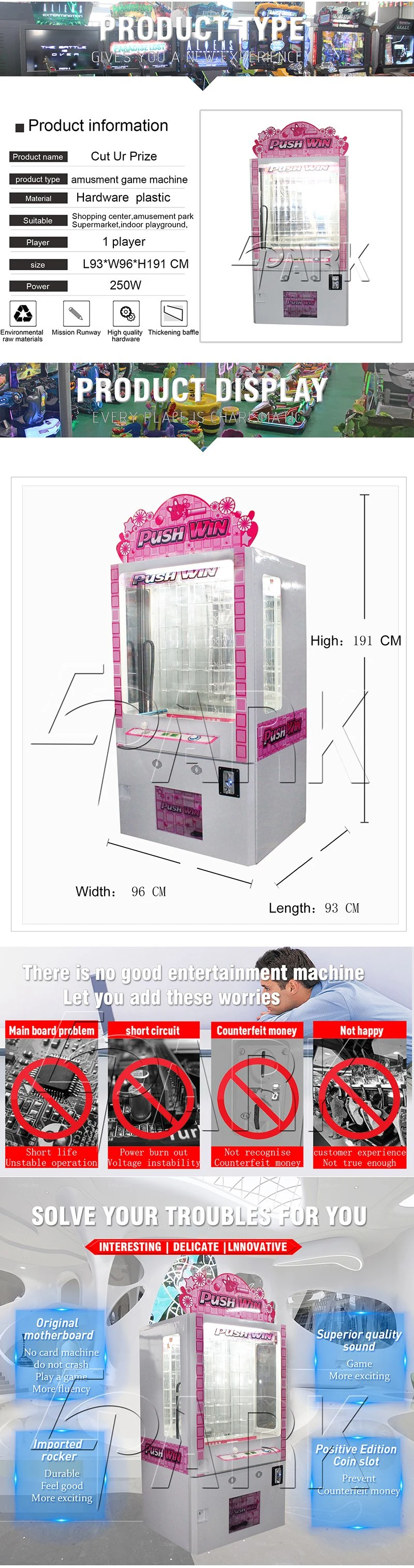 Epark Push Win Coin Operated Arcade Prize Vending Game Machine Claw Crane Machine Indoor for Sales
