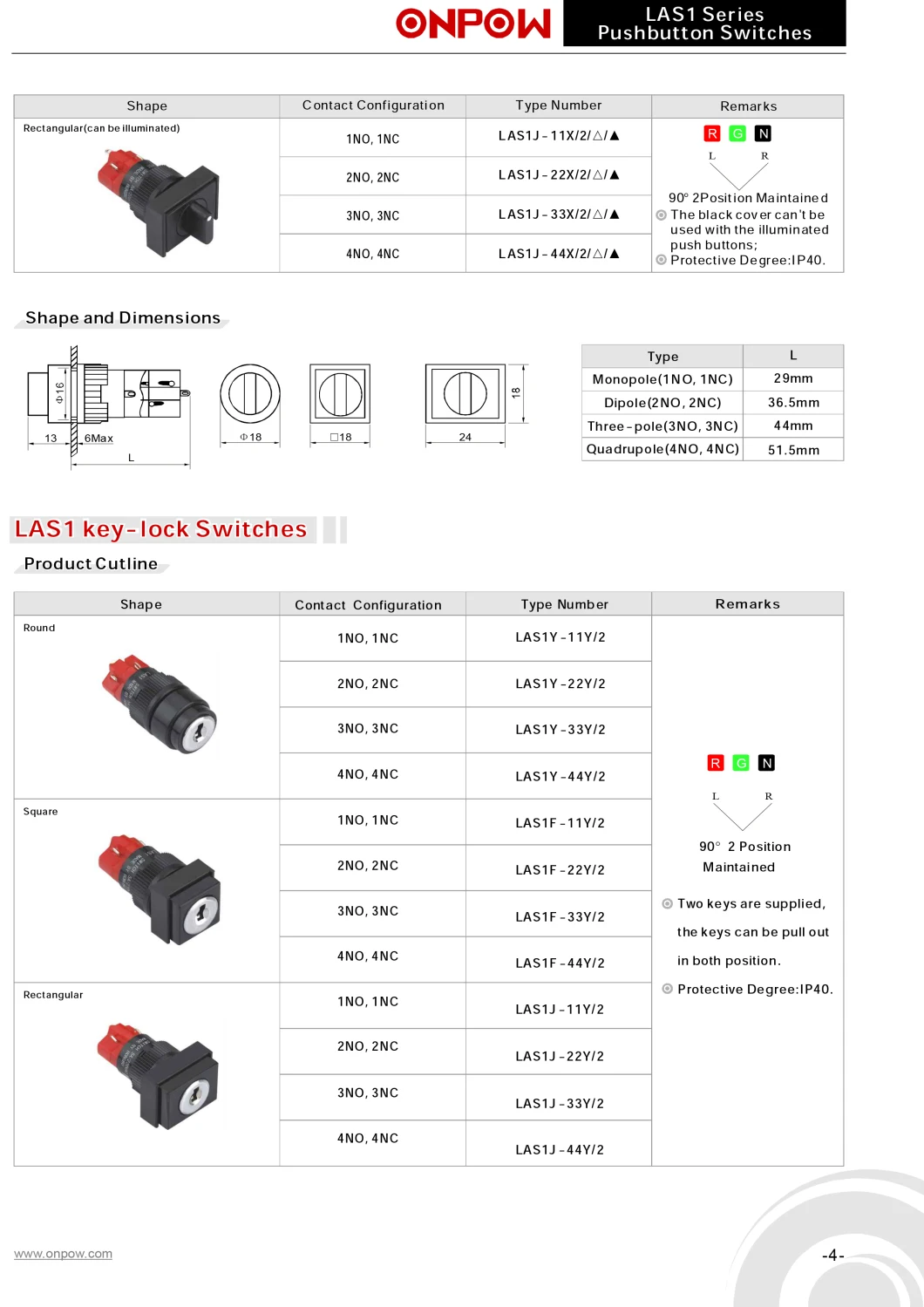 Onpow 16mm IP40 Rectangular Selector Switch (LAS1J-11X/2/JC) (Dia. 16mm) (CE, CCC, RoHS, REECH)