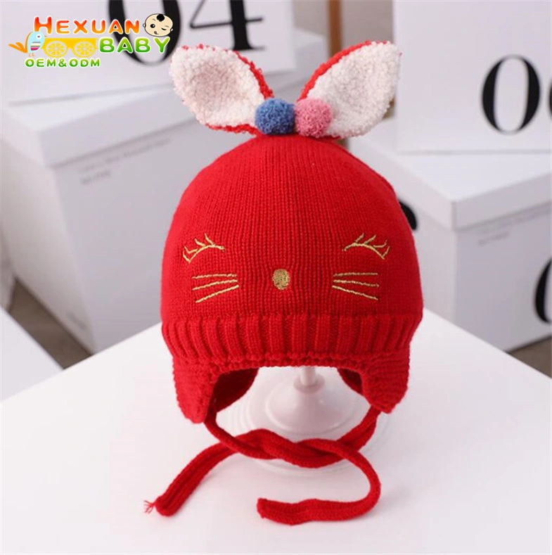 Little Girl Wool Hats Winter Embroidered Kids Hat Knitted Hat with Rabbit Ear