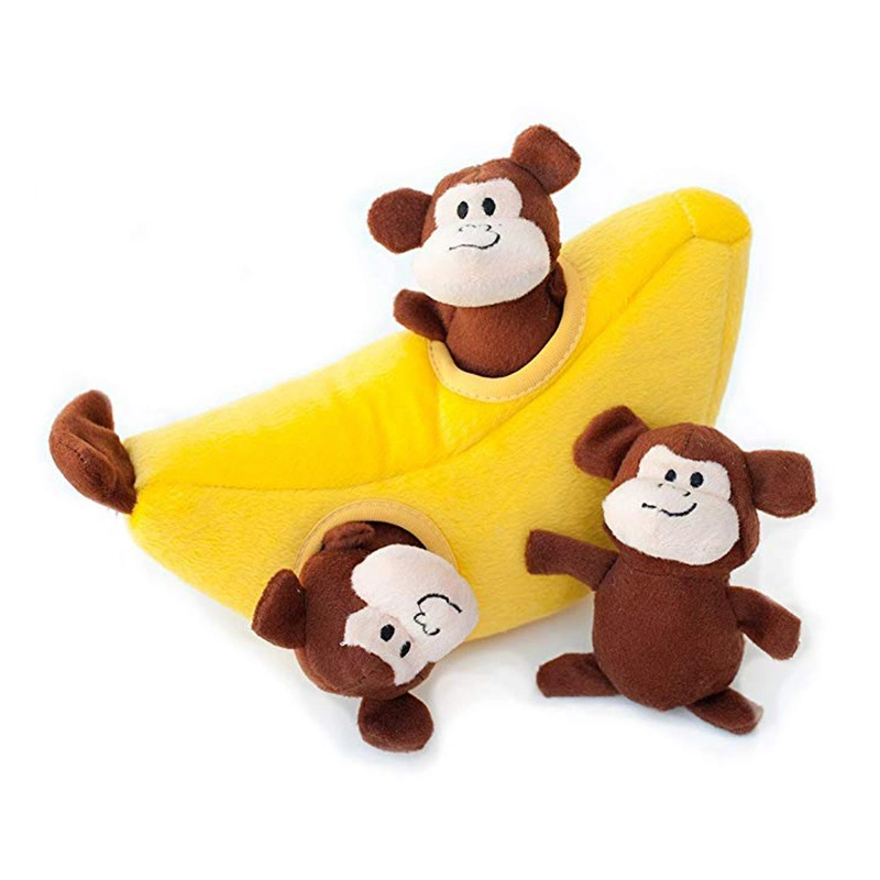 2021 Hot Sale Plush Monkey Sound Toy Chew Squeak Banana House Set Plush Pet Toys Cat