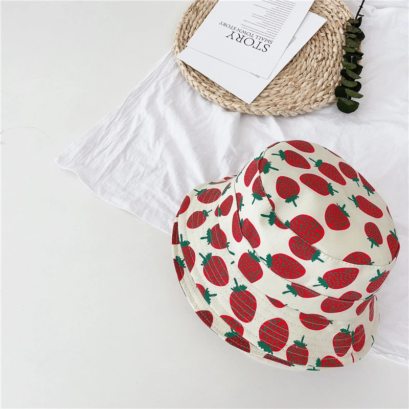 Children's Bucket Hat with Strawberry Print and Big Edge Fisherman Hat