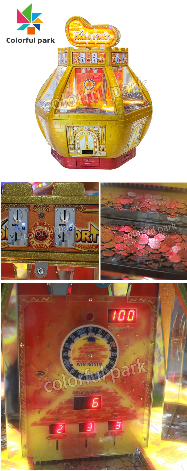 Colorful Park Gold Fort Coin Pusher Game Simulator Prize Lottery Game Machine
