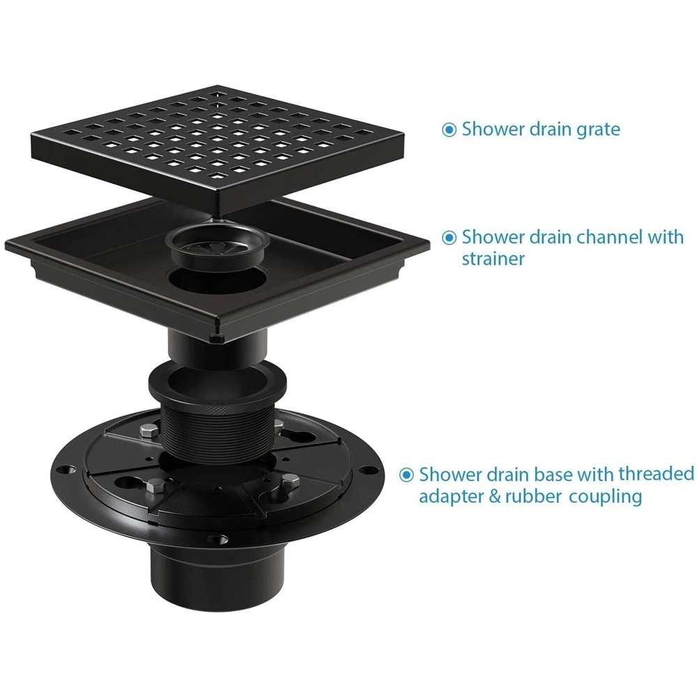 6 Inch Matte Black Stainless Steel 304 Square Holes Square Shower Drain for Bathroom