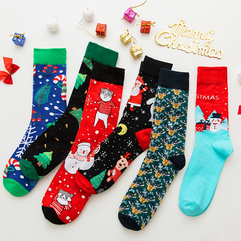Happy Cat, Christmas Candy, Santa Claus, Snowman, Christmas Tree, Snowflake, Gift, Red Elk, Male Midstream Socks Christmas Sock