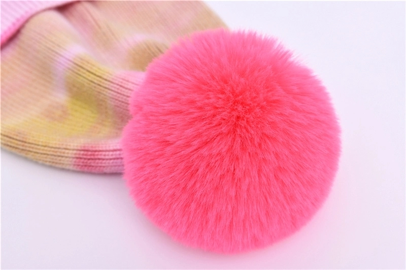 Ski Tie Dye Knit Hat Women Winter Tie-Dye Cashmere Angora Knitted Fur Beanie Hats