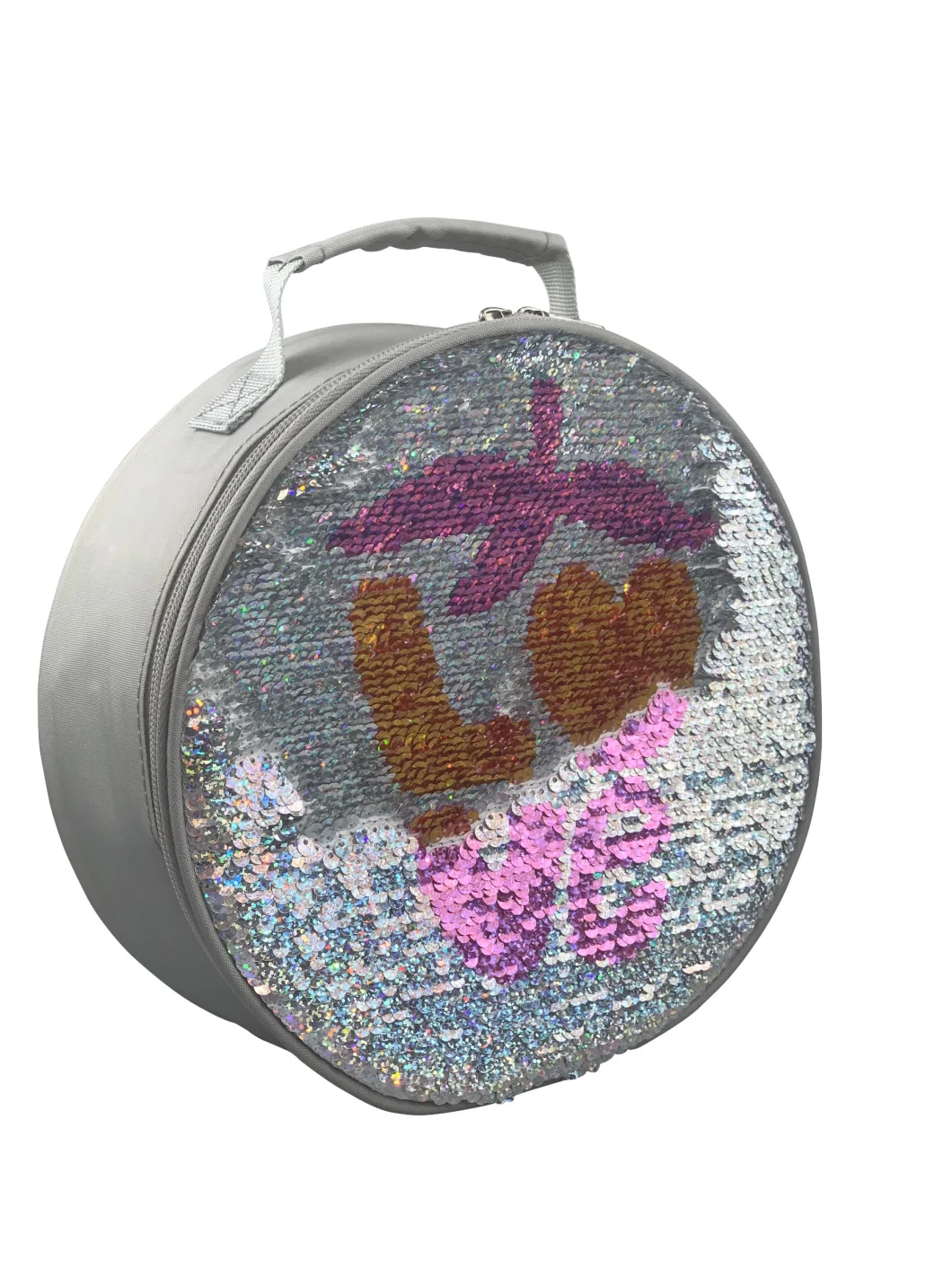 Sequin Flipable Holographic Love Strawberry Round Lunch Bag for Kids