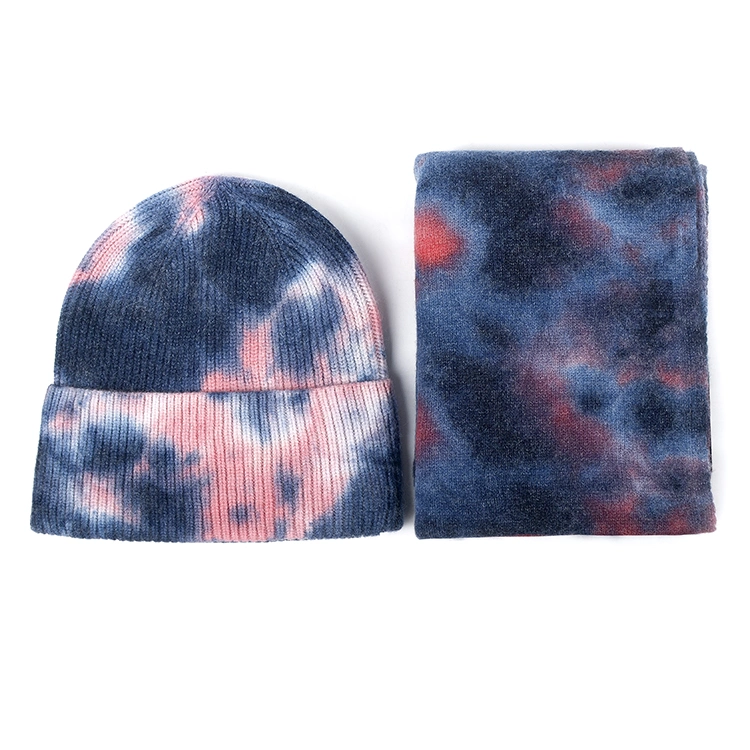 2020 Warm Soft Tie Dye Hats Beanies Women Winter Scarf Knitted Tie Dye Beanies Scarf Set