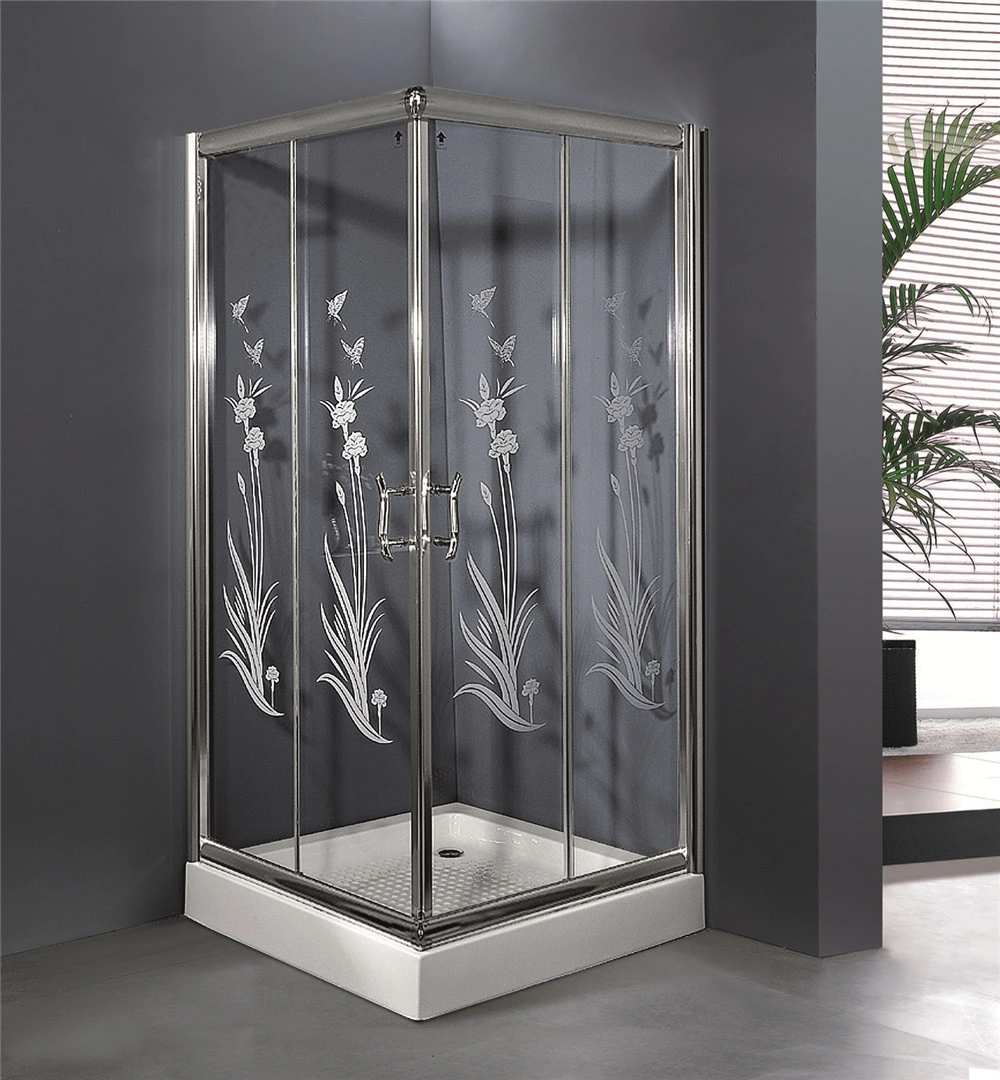 Woma Hot Selling Tempered Glass with Orchid Pattern Sliding Glass Shower Room Y604