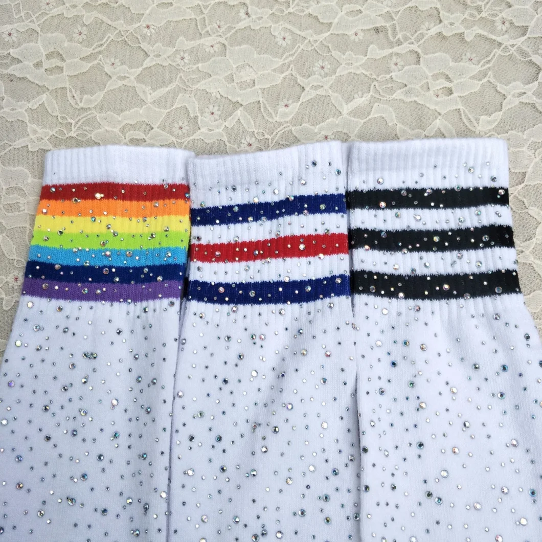 Glitter Over Knee Long Sock Sexy Shine Sparkle Custom Logo Colorful Three Stripes Thigh High Socks with Diamonds