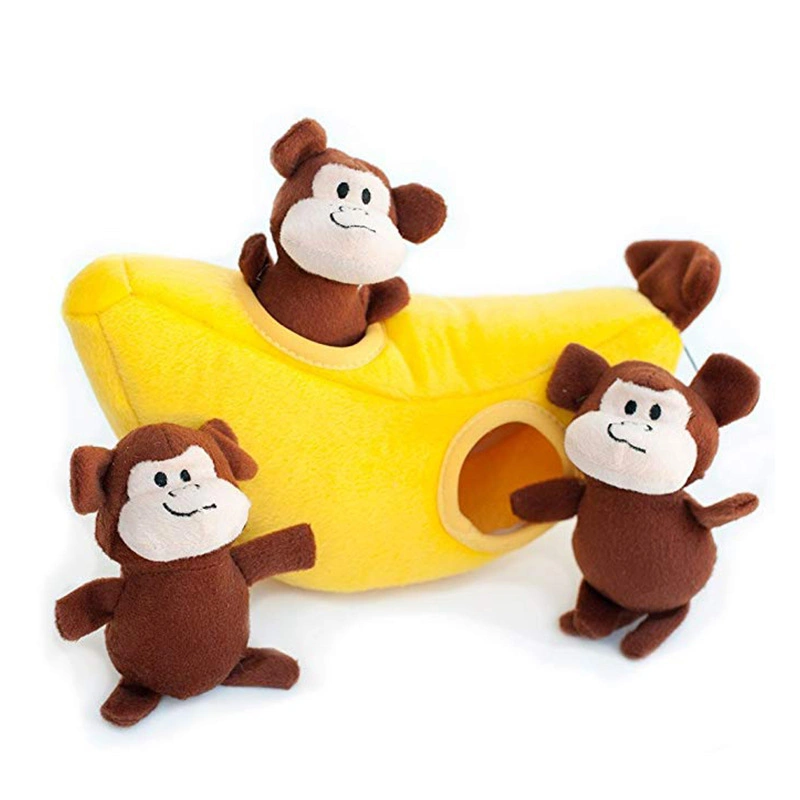 2021 Hot Sale Plush Monkey Sound Toy Chew Squeak Banana House Set Plush Pet Toys Cat
